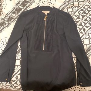 Navy Blue Blouse with Long Sleeves- Gold zipper with MK Logo - Size Small